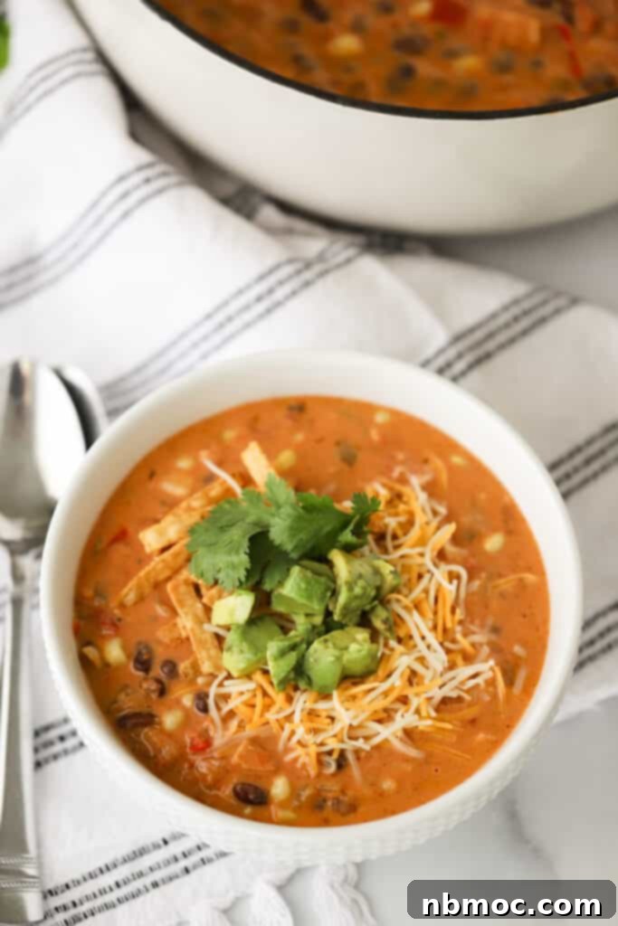 Zesty Fiesta Chicken Soup 2 A bowl full of loaded creamy chicken taco soup, an easy taco soup recipe with chicken, beans, and corn.
