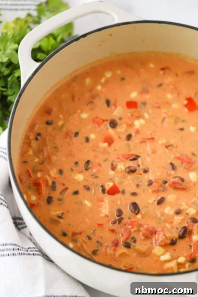 Zesty Fiesta Chicken Soup 3 Creamy chicken taco soup in a dutch oven, the best taco soup with cream cheese.