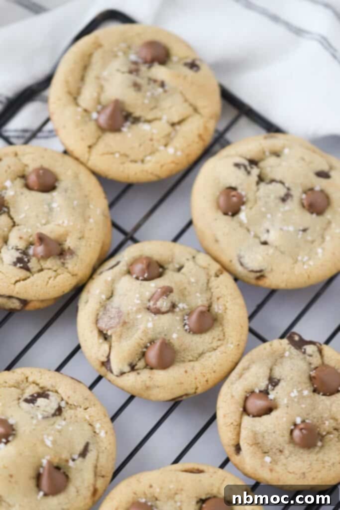 The best chewy Brown butter chocolate chip cookies, topped with sea salt.