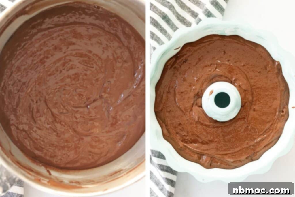 Chocolate bundt cake batter in a bundt cake pan.