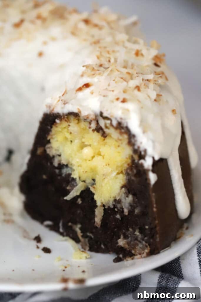 Chocolate coconut bundt cake with almond glaze.