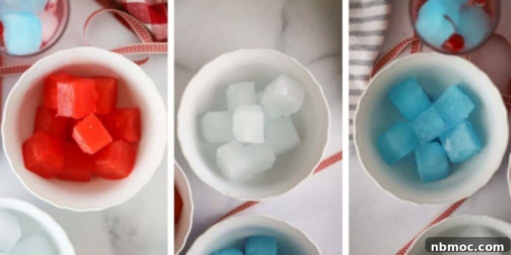 Three bowls, each with red, white, and blue gatorade ice cubes.