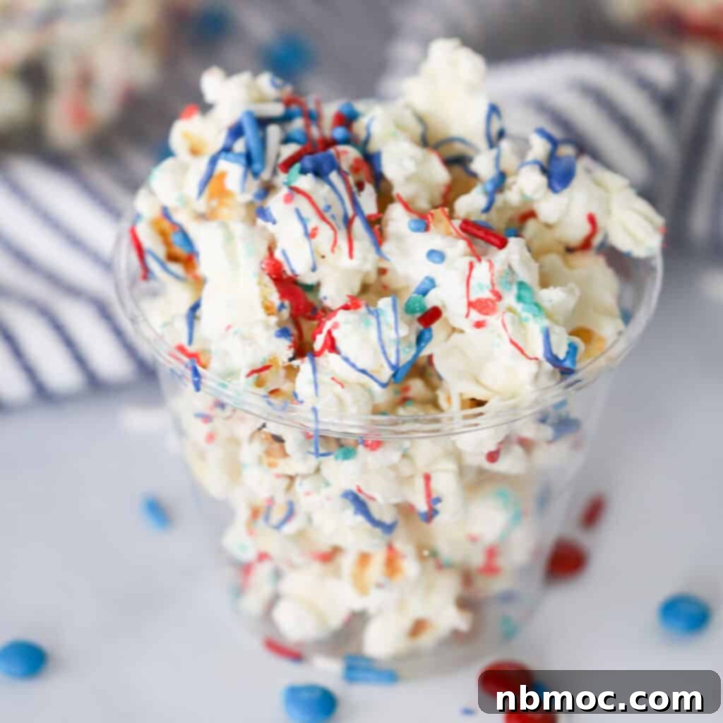 white chocolate covered popcorn, firecracker popcorn.