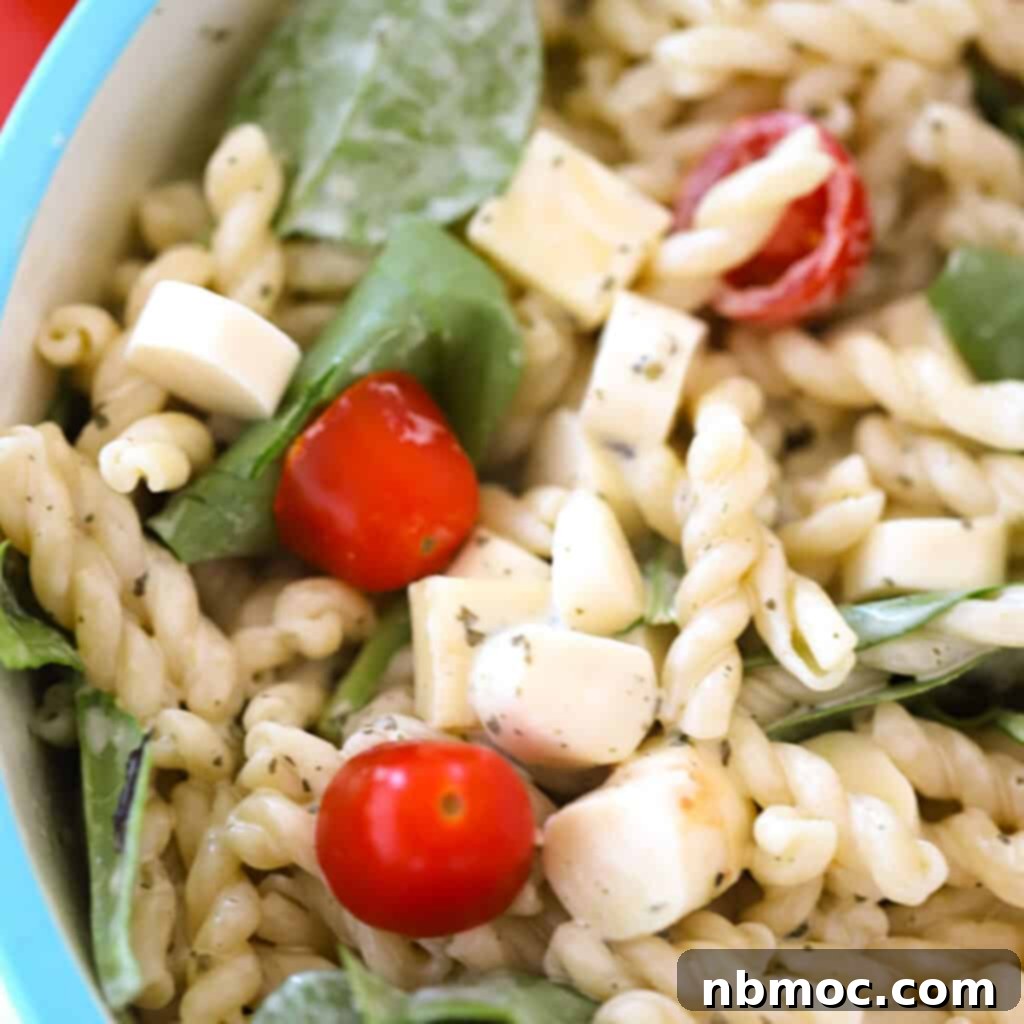 Pesto Pasta Salad in a large bowl, pesto ranch dressing for pasta salad. 4th of july potluck ideas, july 4th bbq menu.