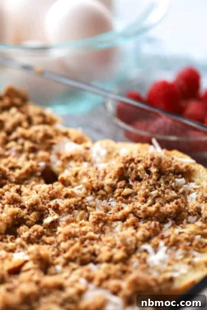 Finished Coconut French Toast Bake in a glass baking dish.