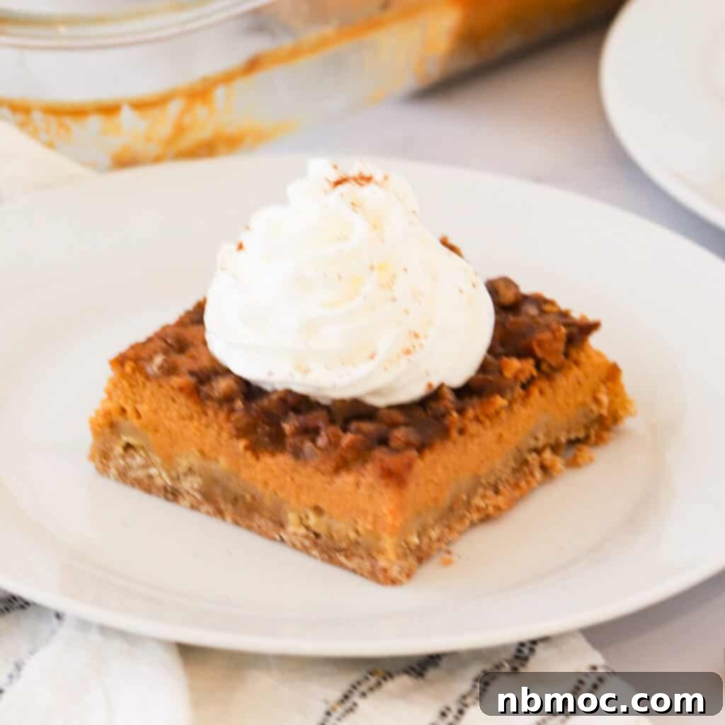 Irresistible Pumpkin Delights 14 A square of pumpkin pie with crunchy topping.