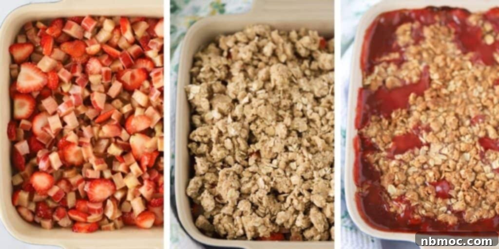 Sweet and Tangy Strawberry Rhubarb Crisp 4 Steps for making this strawberry rhubarb crisp in a baking dish by topping with oatmeal crumble and baking.