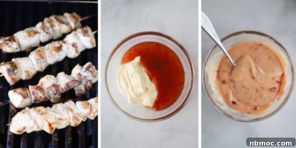 Mixing together the ingredients to make creamy and spicy bang bang sauce for grilled chicken skewers.