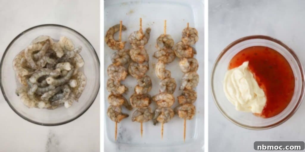 Grilled Bang Bang Shrimp Kabobs 4 Process image showing shrimp being marinated in a glass bowl, ready for skewer assembly.