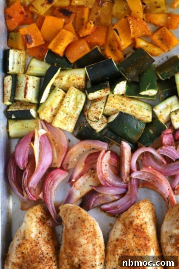 Zesty Chili Lime Sheet Pan Chicken and Veggies 2 Sheet Pan Chicken and Veggies on a sheet tray cooling.