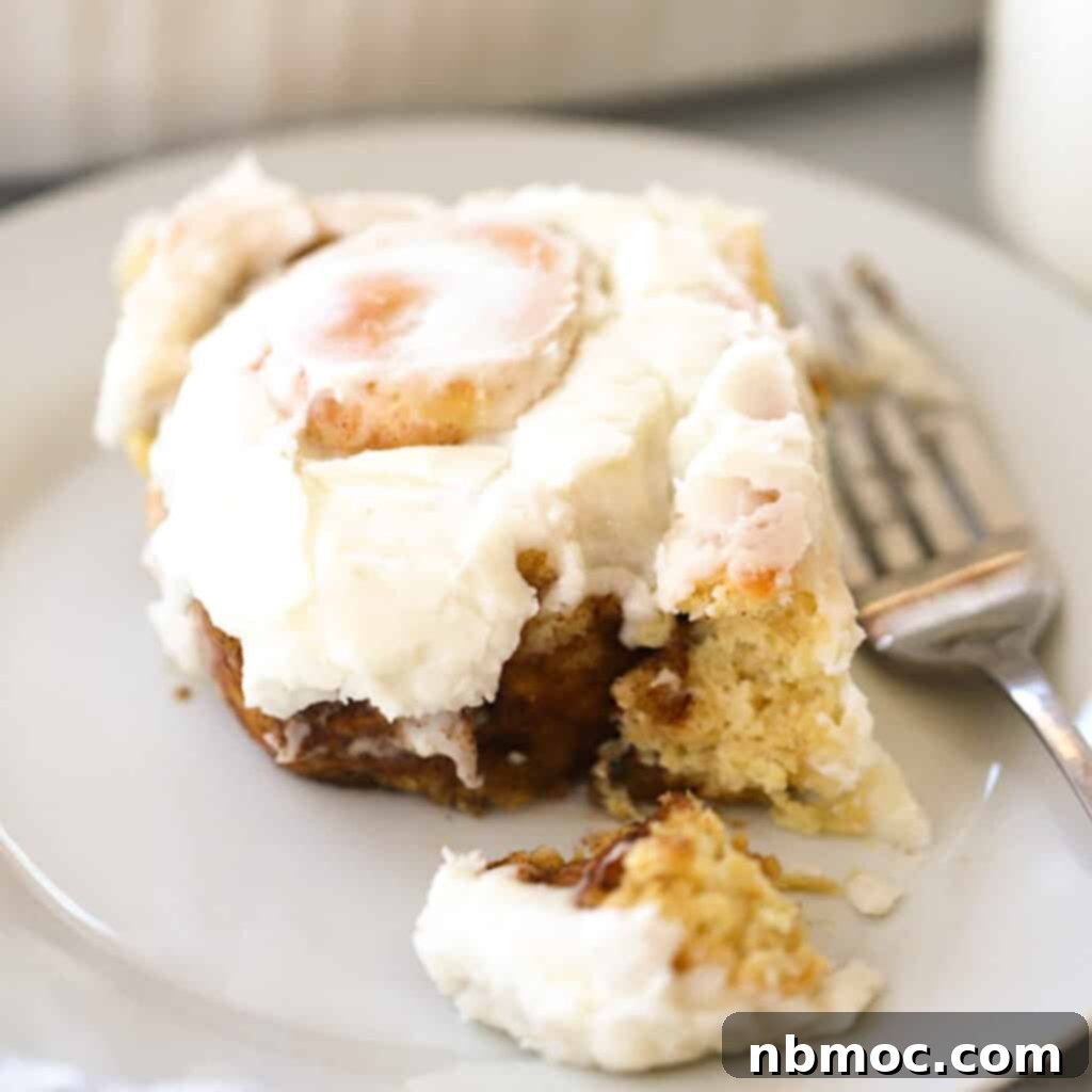 A single Einkorn cinnamon roll, beautifully frosted, resting on a white plate – a delicious take on cinnamon roll variations.