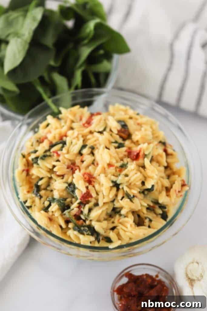 Creamy Tuscan Orzo 2 Creamy tuscan orzo with spinach and sundried tomatoes in a glass bowl.