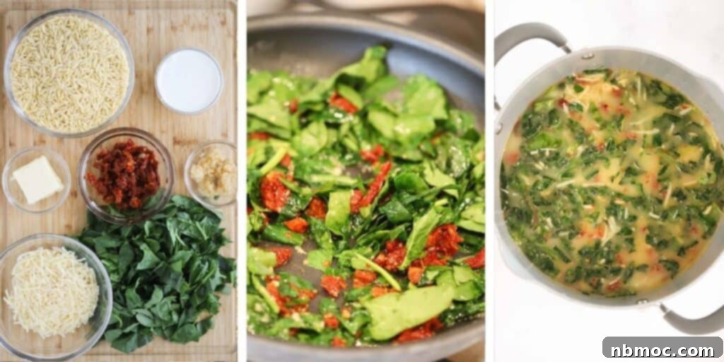 Creamy Tuscan Orzo 4 The ingredients for making tuscan orzo, sauteeing the spinach and sundried tomatoes.