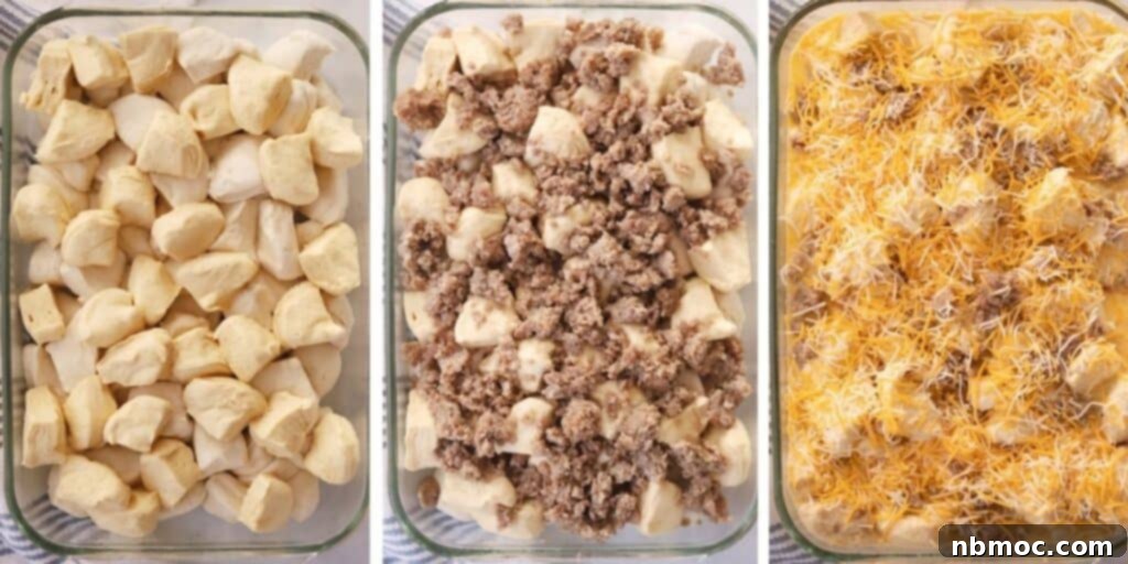 Effortless Sausage Egg Biscuit Brunch Bake 4 Step-by-step process of making Biscuit Sausage Egg Casserole, showing ingredients like sausage, shredded cheese, and refrigerated biscuits.