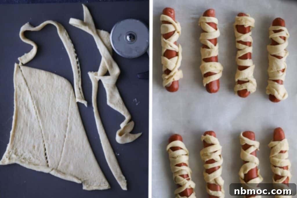 How to make mummy hot dogs using crescent roll dough, showing the wrapping process.