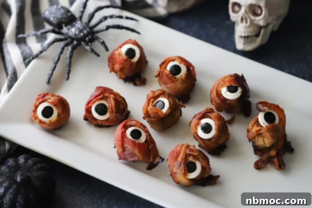 Mummy meatballs on a white serving plate that have been wrapped with bacon and decorated with candy eyeballs, ready to be devoured.