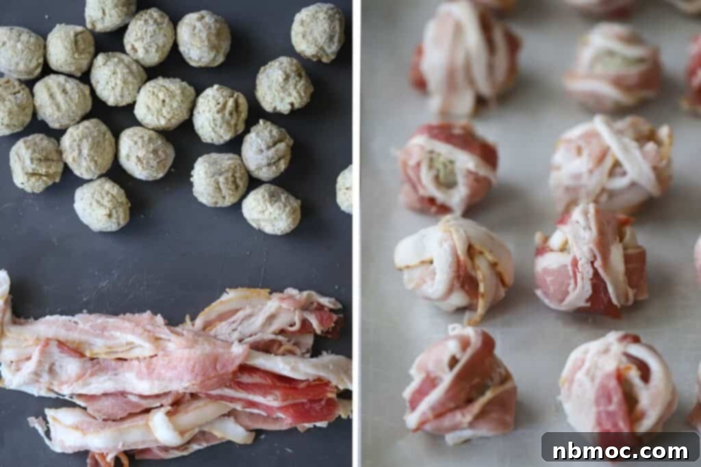 How to wrap up meatballs using strips of bacon to create the mummy effect.
