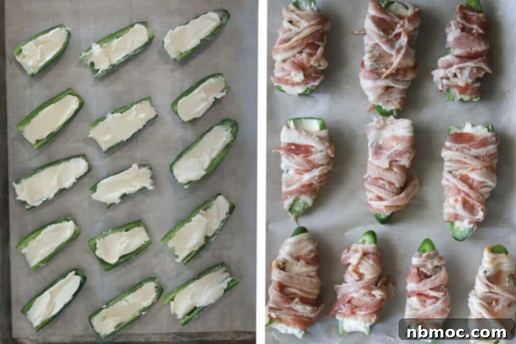 Stuffing jalapeno poppers with cream cheese filling and then wrapping them with bacon to create a mummy effect.