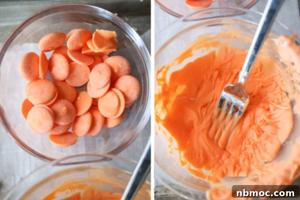 Spiced Pumpkin Pretzel Twists 4 A step-by-step visual guide showing mini pretzels being dipped in orange chocolate, then decorated with milk chocolate stems and green leaves to create pumpkin-shaped Halloween treats.