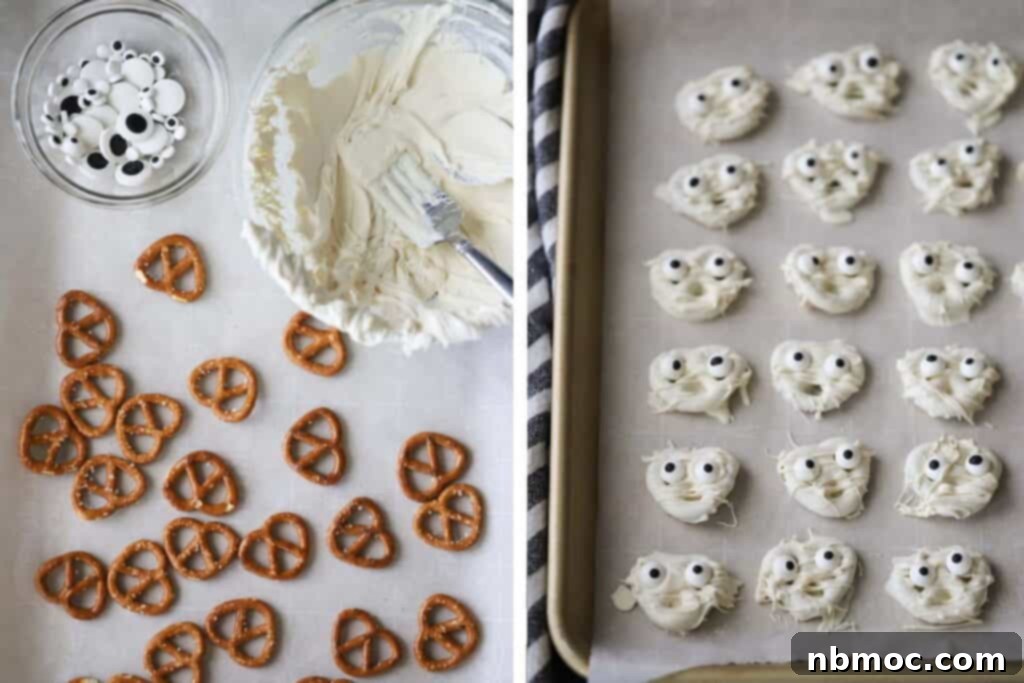 How to make chocolate dipped mummy pretzels using white chocolate and candy eyeballs.