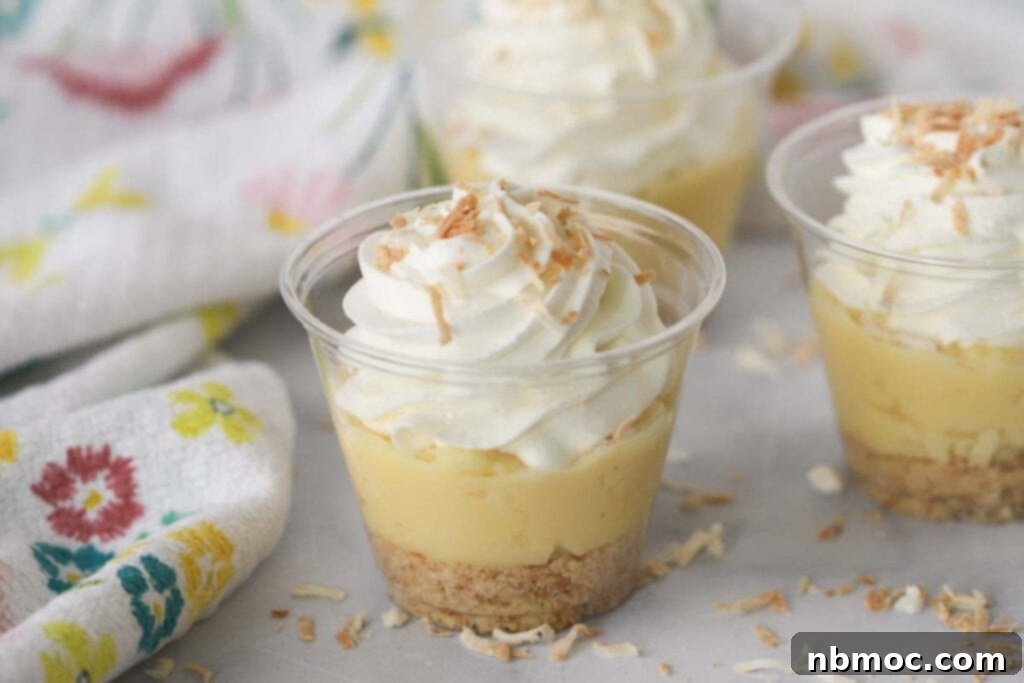 No-bake coconut desserts, individual coconut cream parfait recipe, tropical coconut cream dessert.