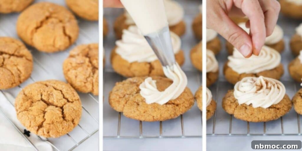 Dreamy Pumpkin Cream Cheese Cookies 5 Piping creamy cream cheese frosting onto freshly baked pumpkin cookies for a beautiful finish.