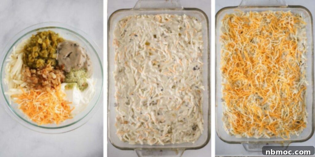 how to make spicy hashbrown casserole, spicy funeral potatoes. A visual guide showing the mixing process of ingredients for spicy cheesy potatoes.