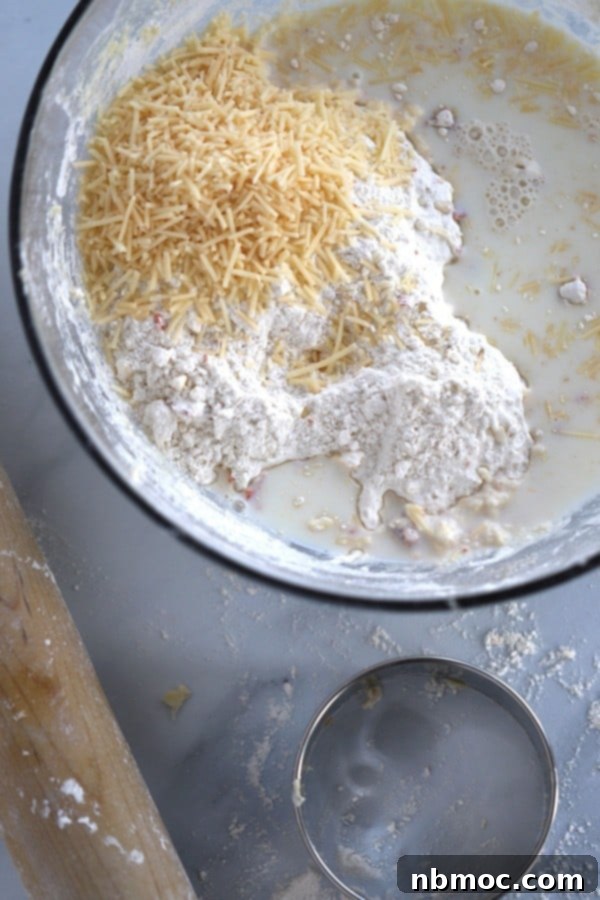 Dry biscuit ingredients in a bowl to make savory biscuits with sun-dried tomatoes and parmesan cheese.