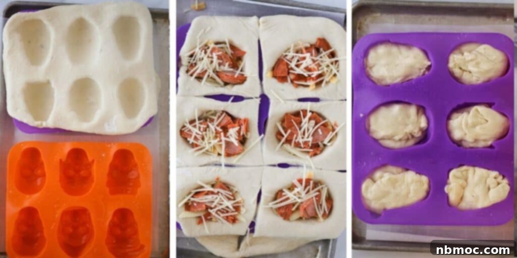 How to make pizza pockets with skull pizza molds by filling and then sealing them up. A step-by-step visual guide showing dough being pressed into molds, filled, and then sealed to form perfect pizza skulls.