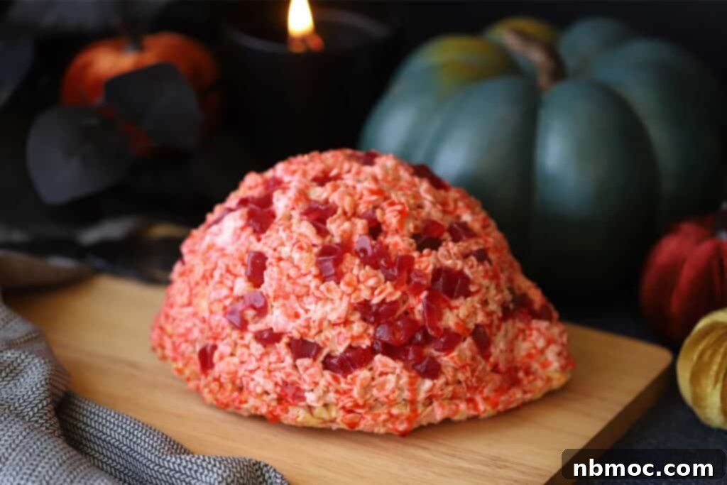 A Halloween Rice Krispie brain with fake blood and red gummy candies.