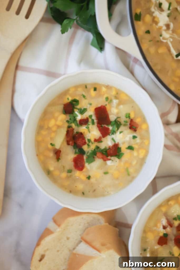 Golden Harvest Chowder 2 A steaming bowl of creamy potato corn chowder, richly garnished with crispy bacon bits and fresh green chives. The soup is golden yellow, indicating a rich, flavorful broth, and features visible chunks of tender potato and sweet corn, inviting a warm and hearty meal. This easy corn chowder recipe is perfect for any occasion, adaptable with fresh or frozen corn.