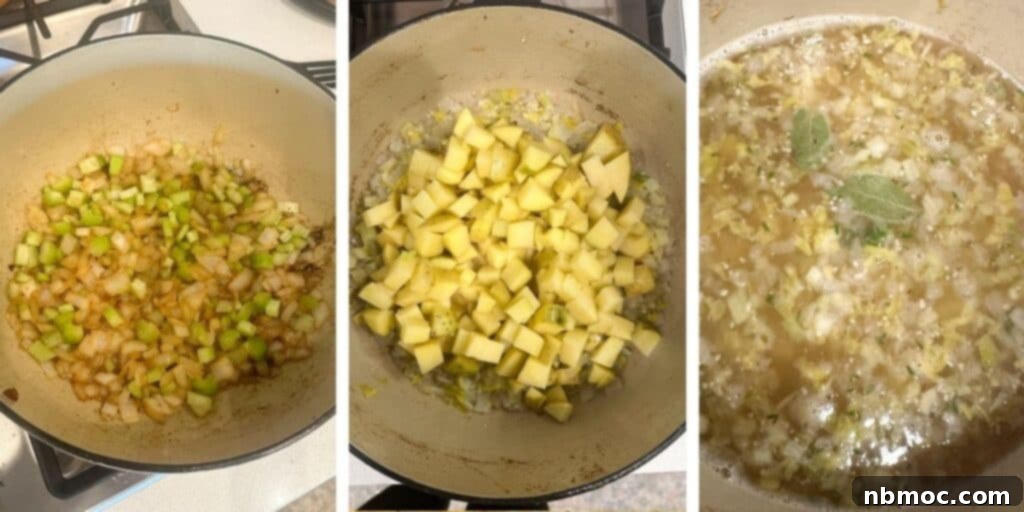 Golden Harvest Chowder 3 A large Dutch oven on a stovetop, capturing a step in the corn chowder making process. It shows a medley of diced onions, garlic, celery, and potatoes simmering in a flavorful liquid, illustrating how to create a rich and creamy base. This image highlights that this easy corn chowder can be made with either frozen or fresh corn, making it versatile for any season.
