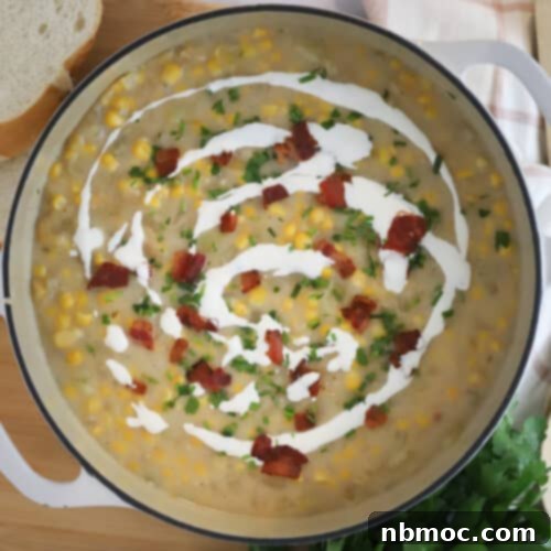 Golden Harvest Chowder 5 A close-up of a rustic, creamy corn chowder in a bowl, topped with a generous sprinkle of crispy bacon and fresh herbs. The rich texture and vibrant colors highlight a wholesome, easy-to-make comfort food. This image captures the delicious appeal of an easy corn chowder recipe, promising warmth and satisfaction.