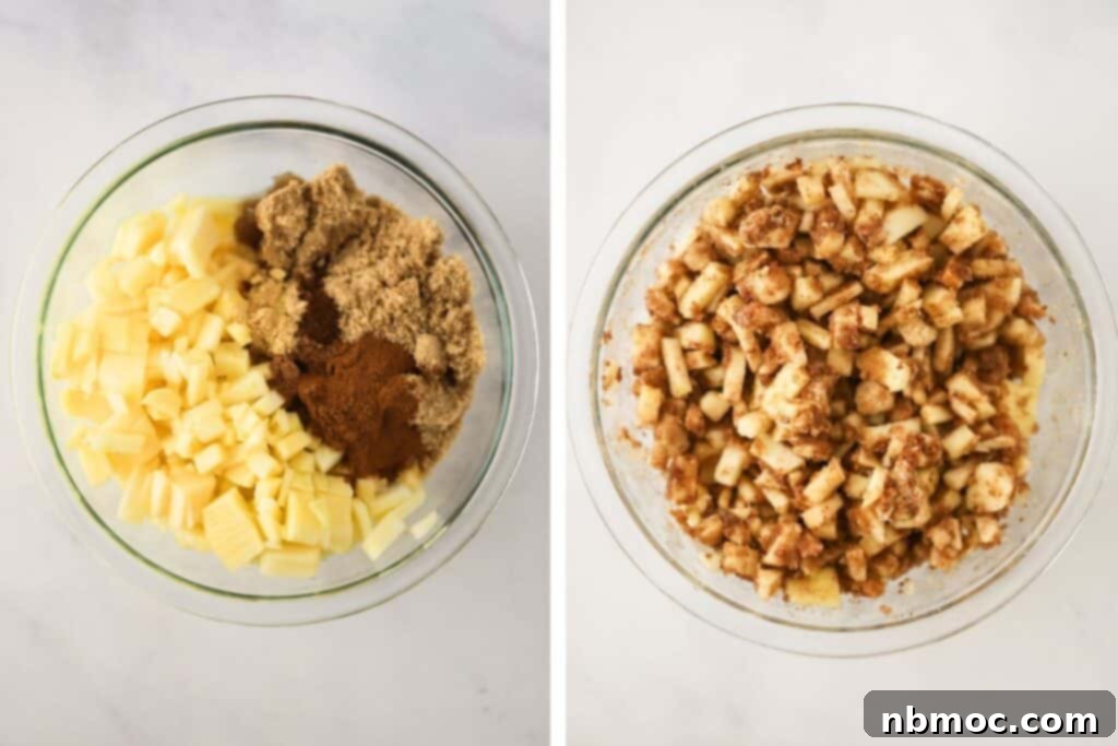 Step-by-step image showing how to make the spiced apple filling for caramel apple cinnamon buns.
