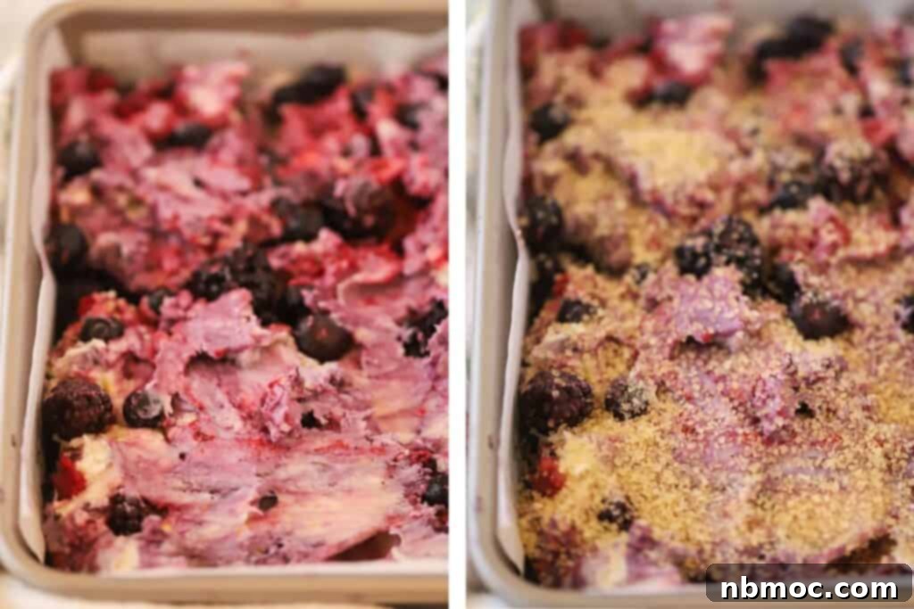 Step-by-step photos illustrating how to make a delicious breakfast cake recipe with mixed berries and a crunchy sugar topping.