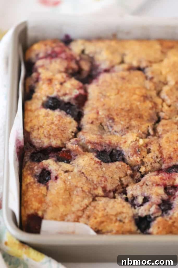 Freshly baked berry coffee cake in a square baking dish with a coarse sugar topping, ready for slicing.