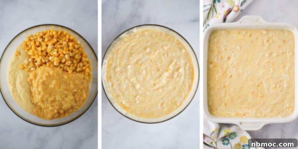 How to make corn casserole without jiffy by mixing the batter and adding to a baking dish, showing the creamy texture before baking.
