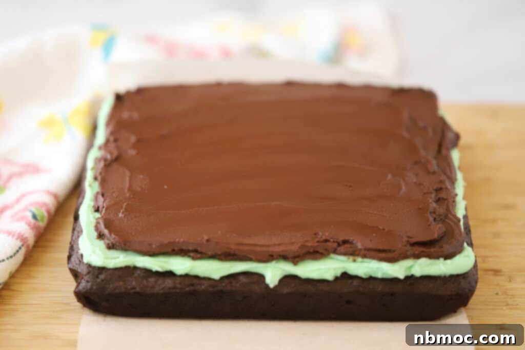 A full pan of Grasshopper Brownies waiting to be cut into Grasshopper Bars.