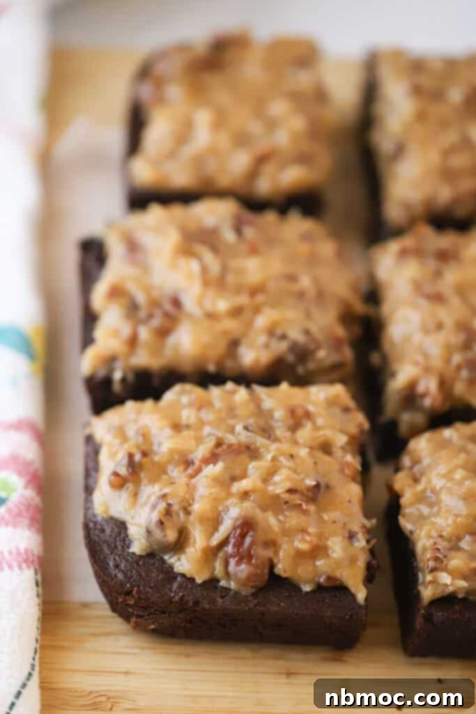 Rich Coconut Pecan Frosting 2 Chocolate cake squares topped with easy German chocolate frosting, made with coconut and pecans.