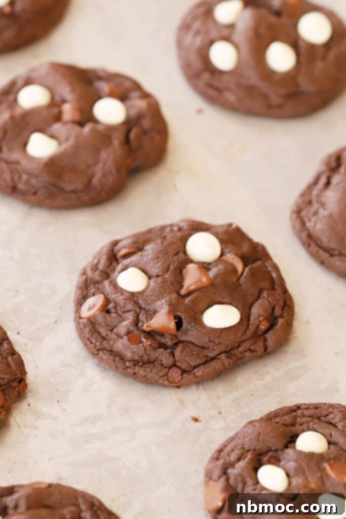 Irresistible chocolate cake mix cookies, studded with both white and milk chocolate chips, cooling on a baking sheet, showcasing their soft, chewy texture.
