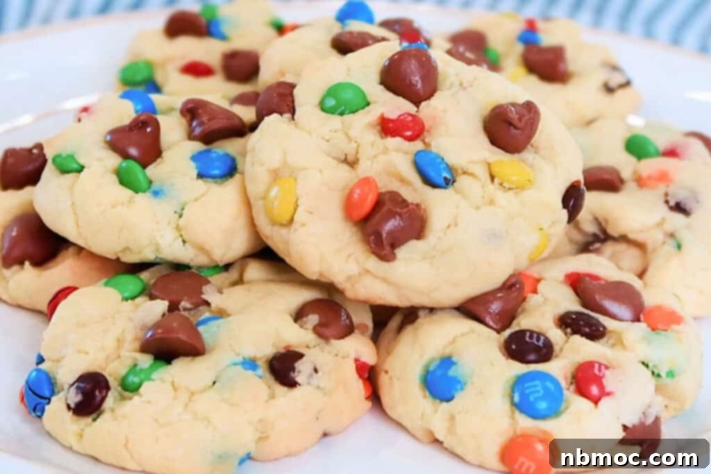 A charming close-up of cake mix cookies, featuring both chocolate chips and vibrant M&Ms, artfully arranged on a pristine white plate, ready to be enjoyed.