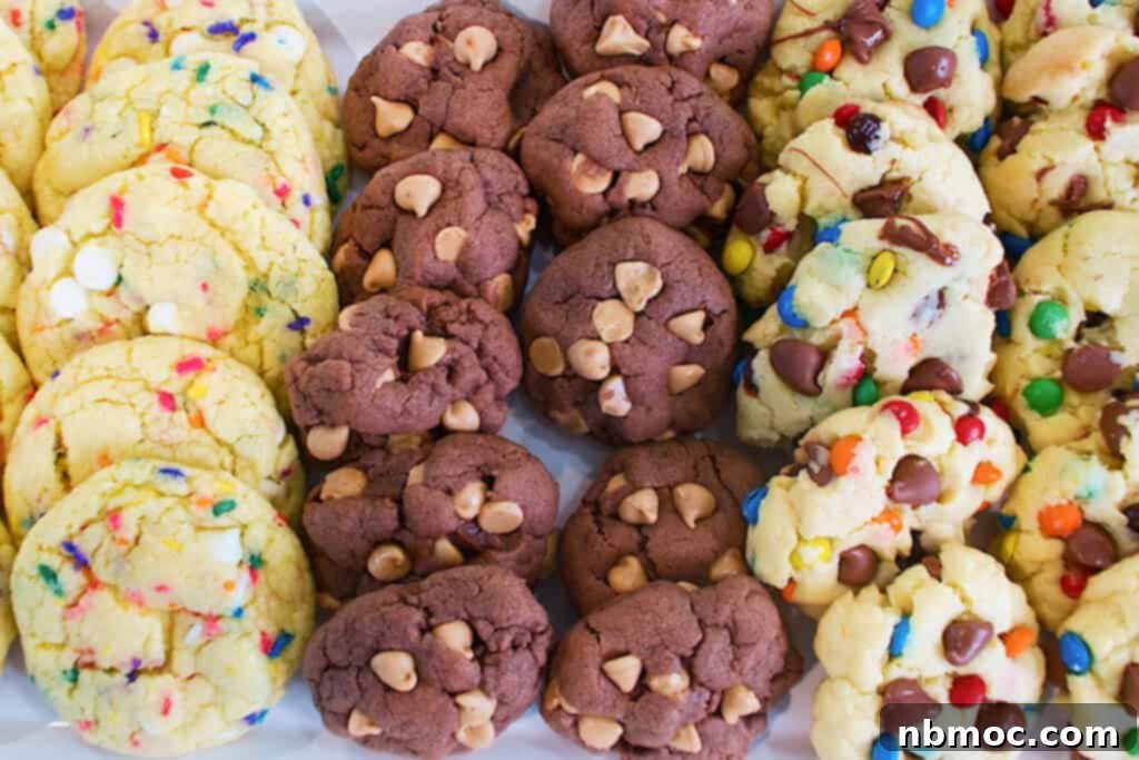 A trio of delicious cake mix cookie variations, including sweet strawberry, classic chocolate chip, and rich devil's food cookies, beautifully displayed on a plate.