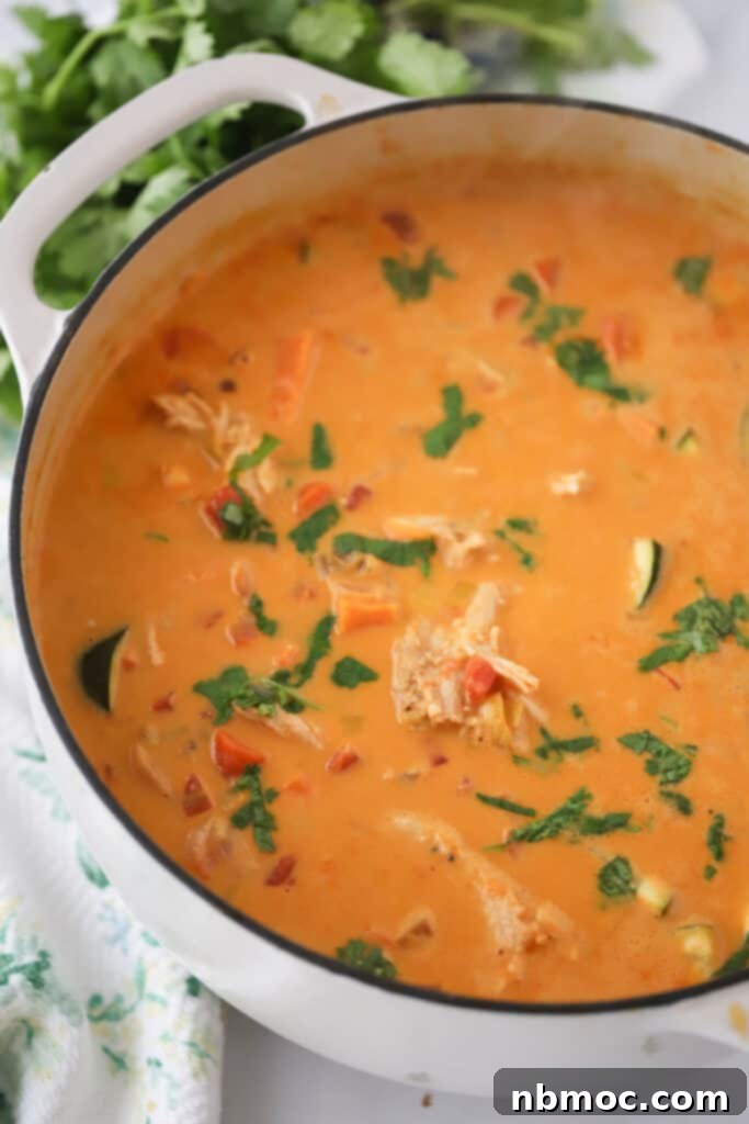 Thai Coconut Chicken Curry Soup 2 A large dutch oven full of Thai coconut curry chicken soup, one of the best winter chicken soup recipes.