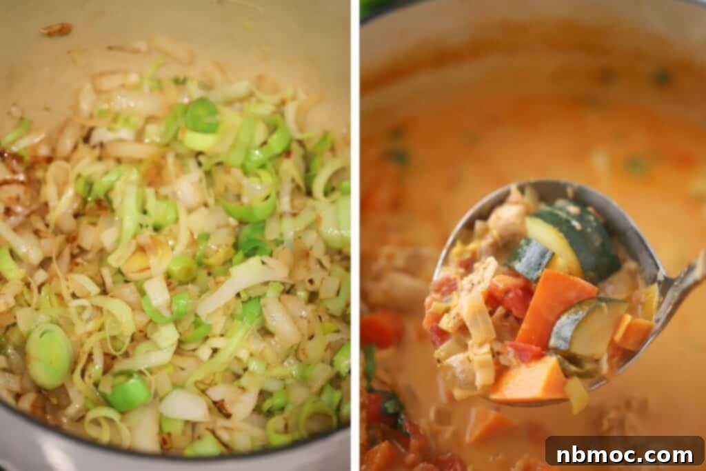 Thai Coconut Chicken Curry Soup 3 How to make coconut curry chicken soup made with red curry and filled with vegetables and rotisserie chicken.