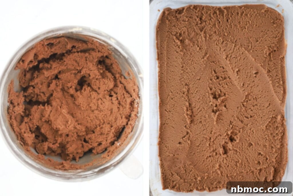 Fudgy Chocolate Cookie Bars 3 How to make chocolate cookie bar dough, spread into a sheet tray to make cookie bars.