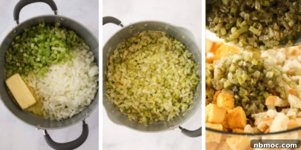 Set-It-and-Forget-It Stuffing 3 A large stockpot full of onions, celery, and butter to be added to the dry bread cubes for crockpot stuffing.