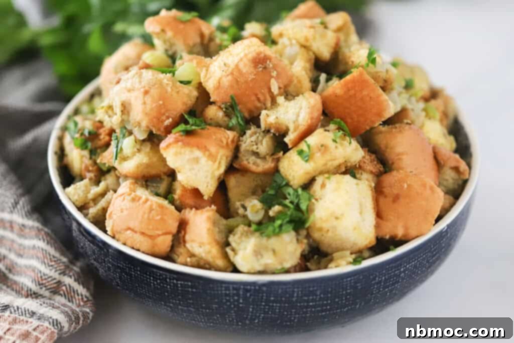 Set-It-and-Forget-It Stuffing 5 A bowl full of stuffing that was made in a crockpot.