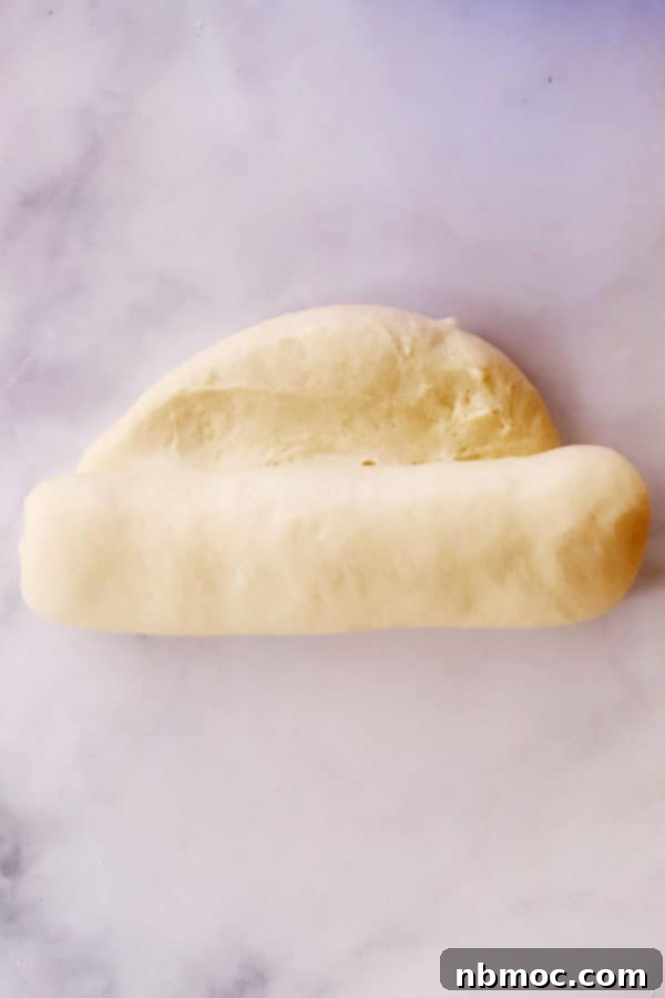 Skilled hands gently rolling and shaping soft white bread dough into a classic loaf form, a crucial step for achieving perfect sandwich bread.