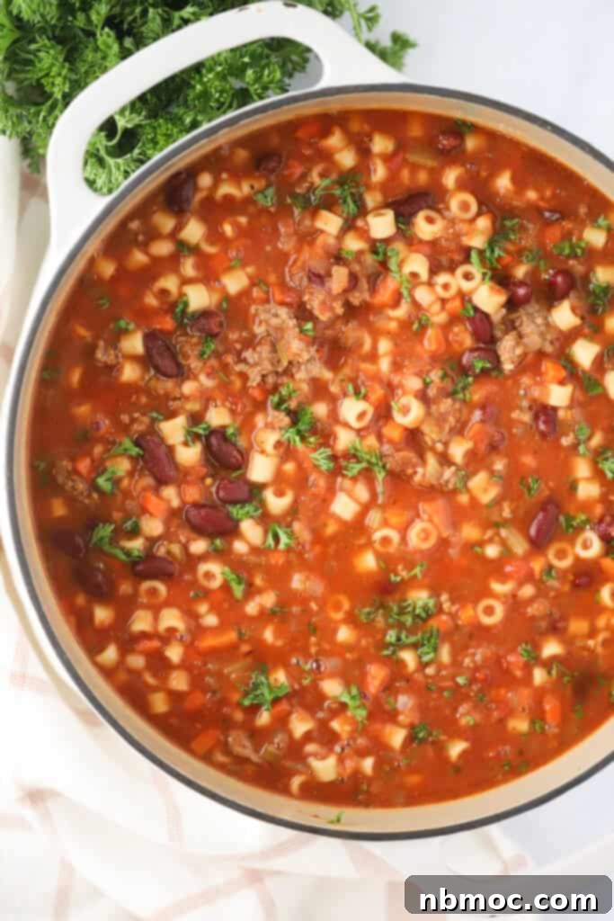 A large dutch oven full of the best pasta fagioli recipe, a hearty italian soup full of ground beef, veggies, pasta, and beans. This is a classic pasta fagioli soup recipe.