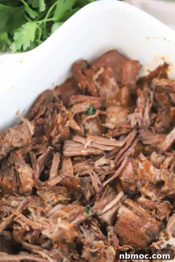 A white serving dish full of rich and savory beef birria made in a slow cooker. This is an easy shredded Mexican beef recipe.